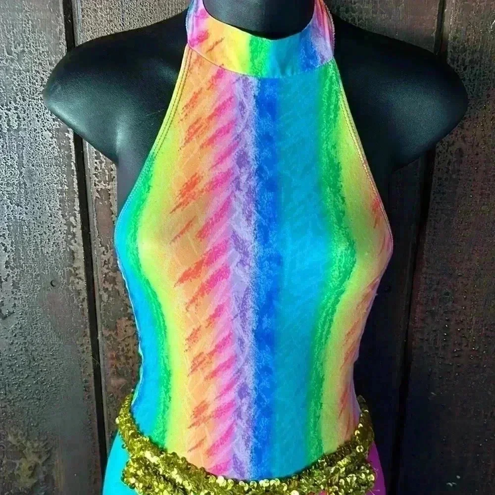 Vintage Rainbow Halter Neck Bell Bottom Flare Leg Jumpsuit Dance Costume 80s 90s - Picture 2 of 9